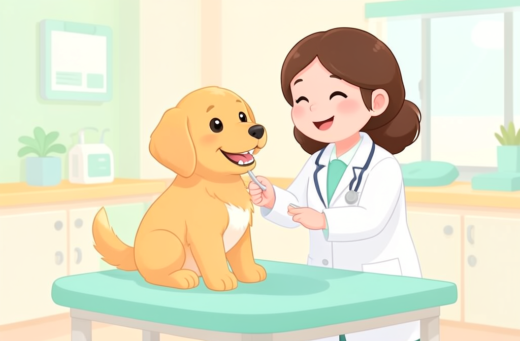 Veteriner hekim yavru köpeğin dişlerini kontrol ediyor