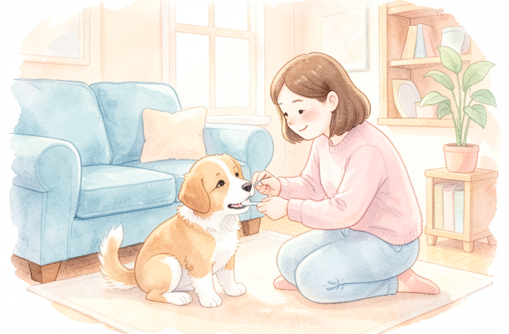 Ev sahibi köpeğin dişlerini fırçalıyor