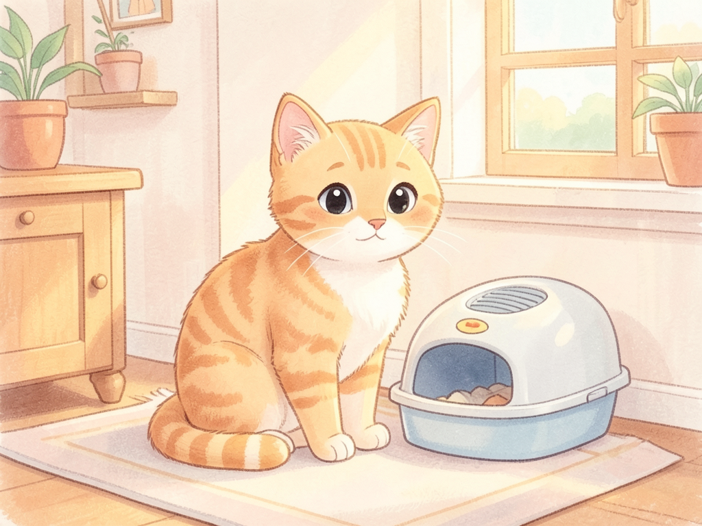 Kedi kum kabının yanında dikkatle oturuyor
