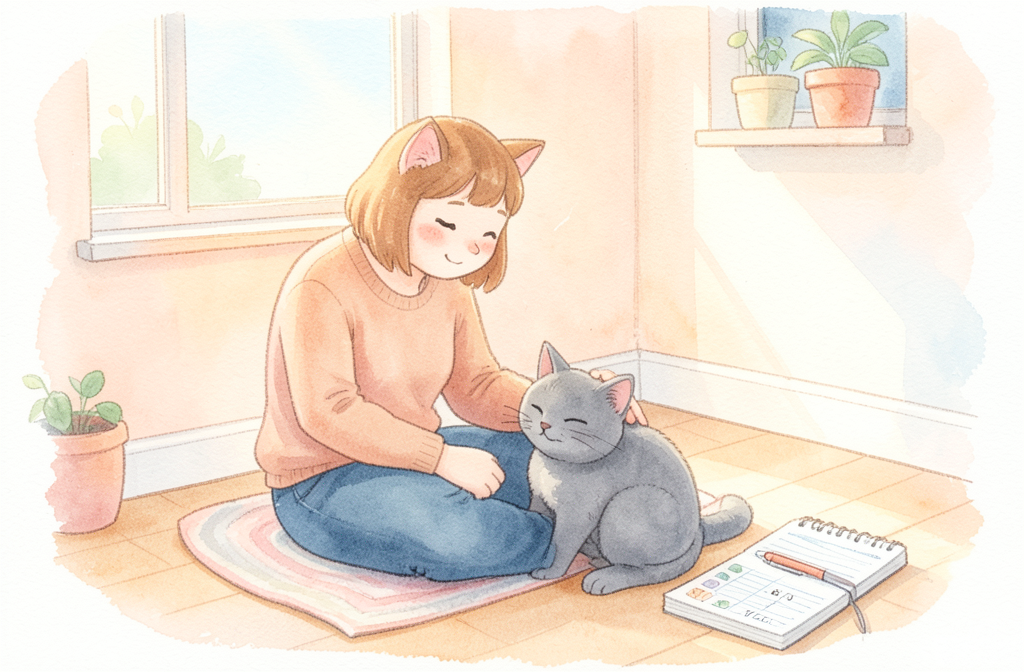 Kedi sahibi evde kediyi sakince kucaklıyor